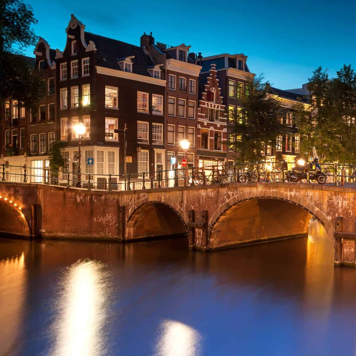 A bridge in Amsterdam at night.