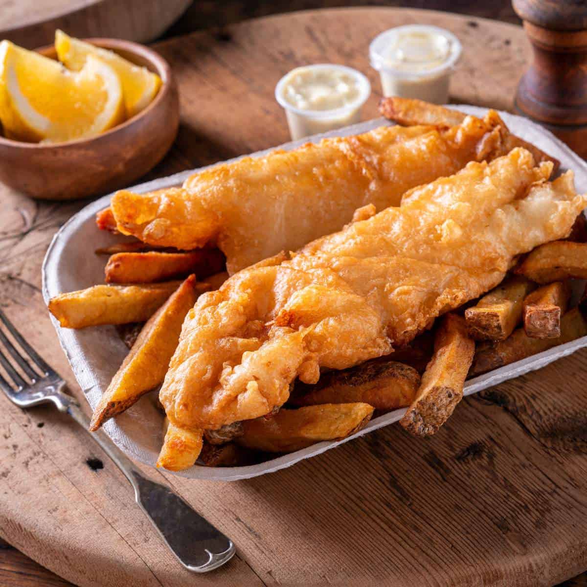 A tray of fish and chips on a wooden table.