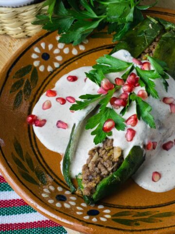 Delicious food in Puebla - Stuffed poblano peppers with cream sauce and pomegranate seeds.