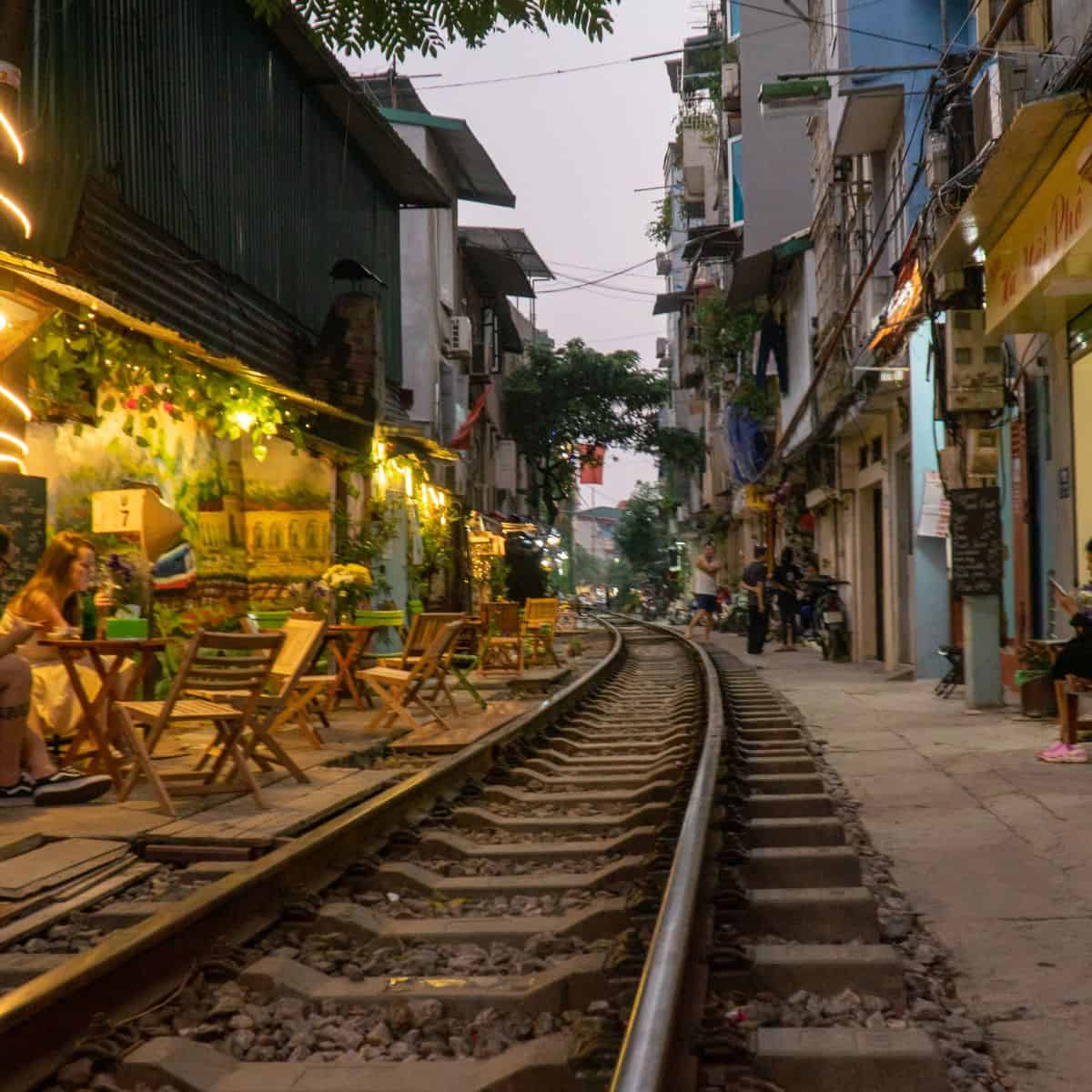 Hanoi cafes lined alongside train tracks in the city.