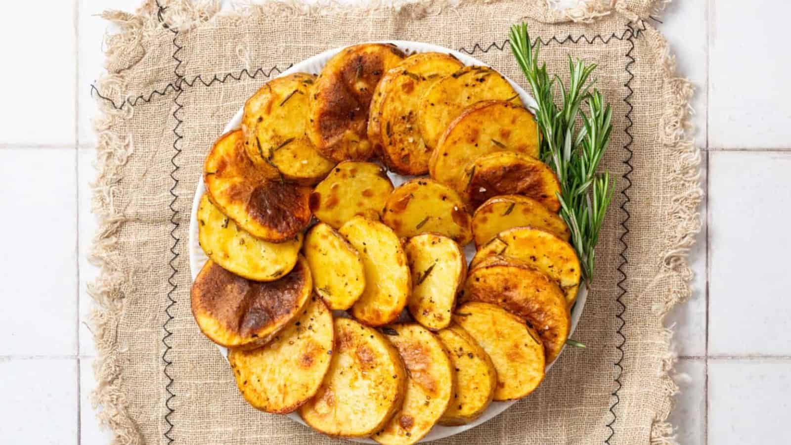 An overhead image of cottage fries arranged on a plate.