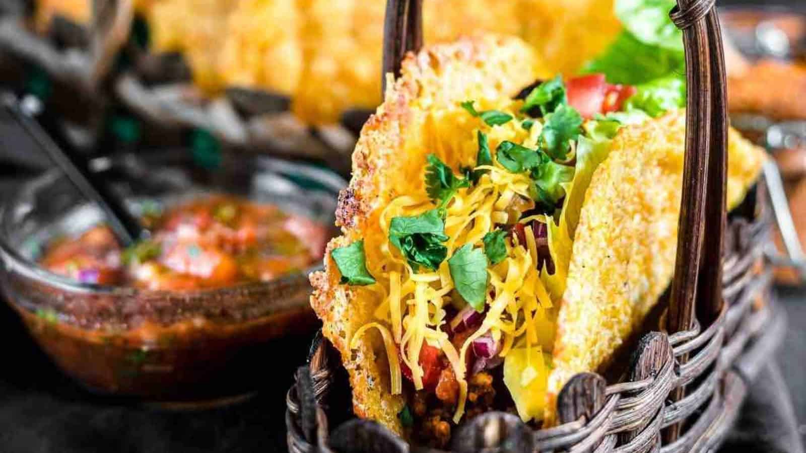 A basket holds crispy tacos filled with beef, cheese, lettuce, and cilantro. A bowl of salsa is in the background.
