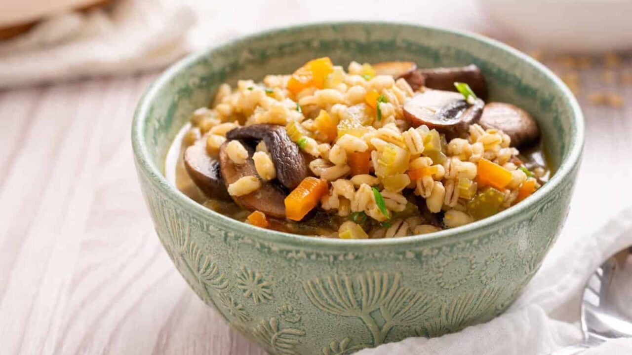 An image of mushroom barley soup in a bowl.