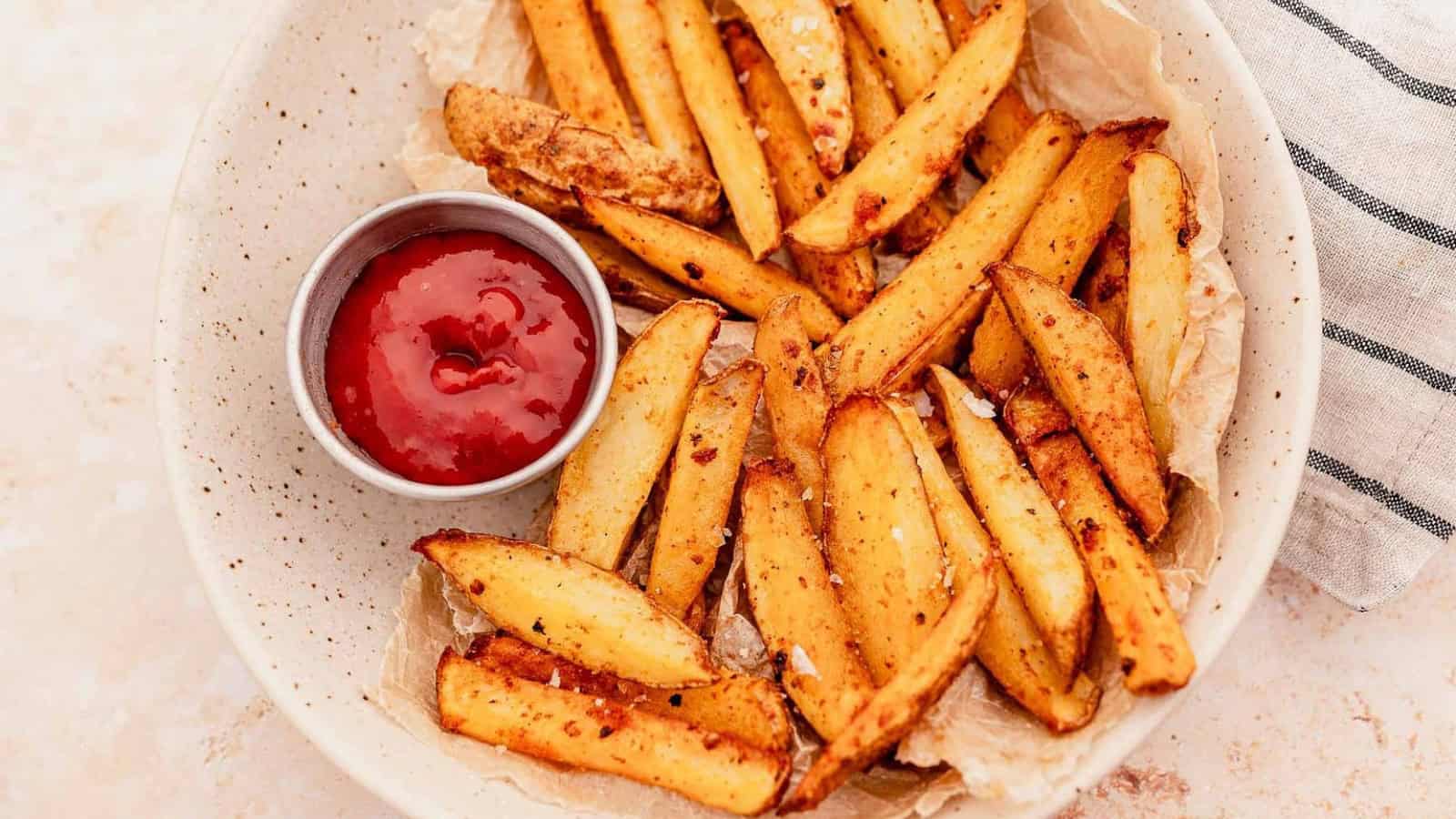 A bowl of seasoned potato wedges with a side of ketchup on a plate.
