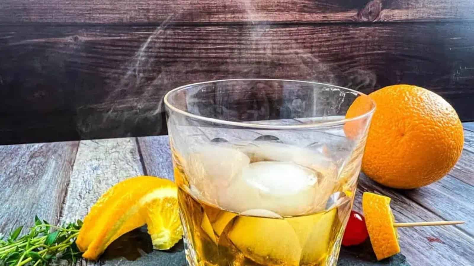 A glass of whiskey with oranges and a wooden stick.