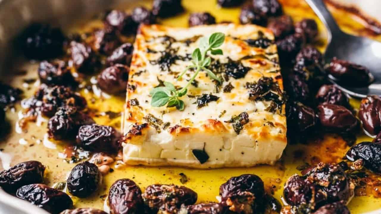 A baked block of feta cheese garnished with herbs and surrounded by roasted black olives on an oven tray.