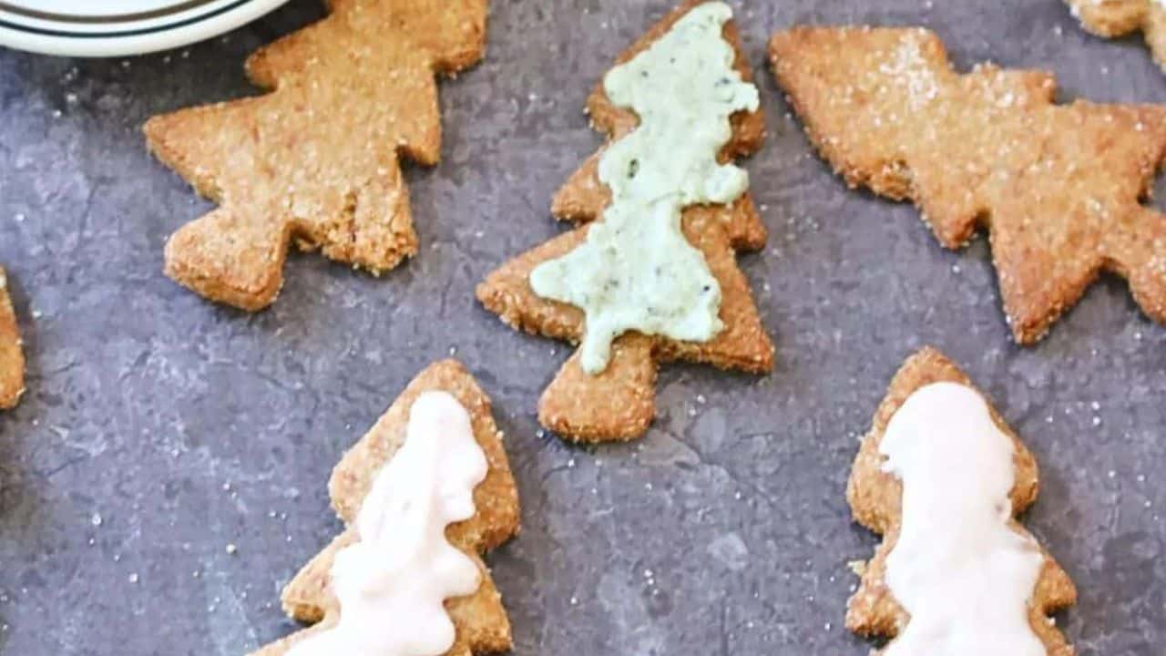 Almond flour sugar cookies in Christmas tree shape dusted with cane sugar around a cut of coffee.