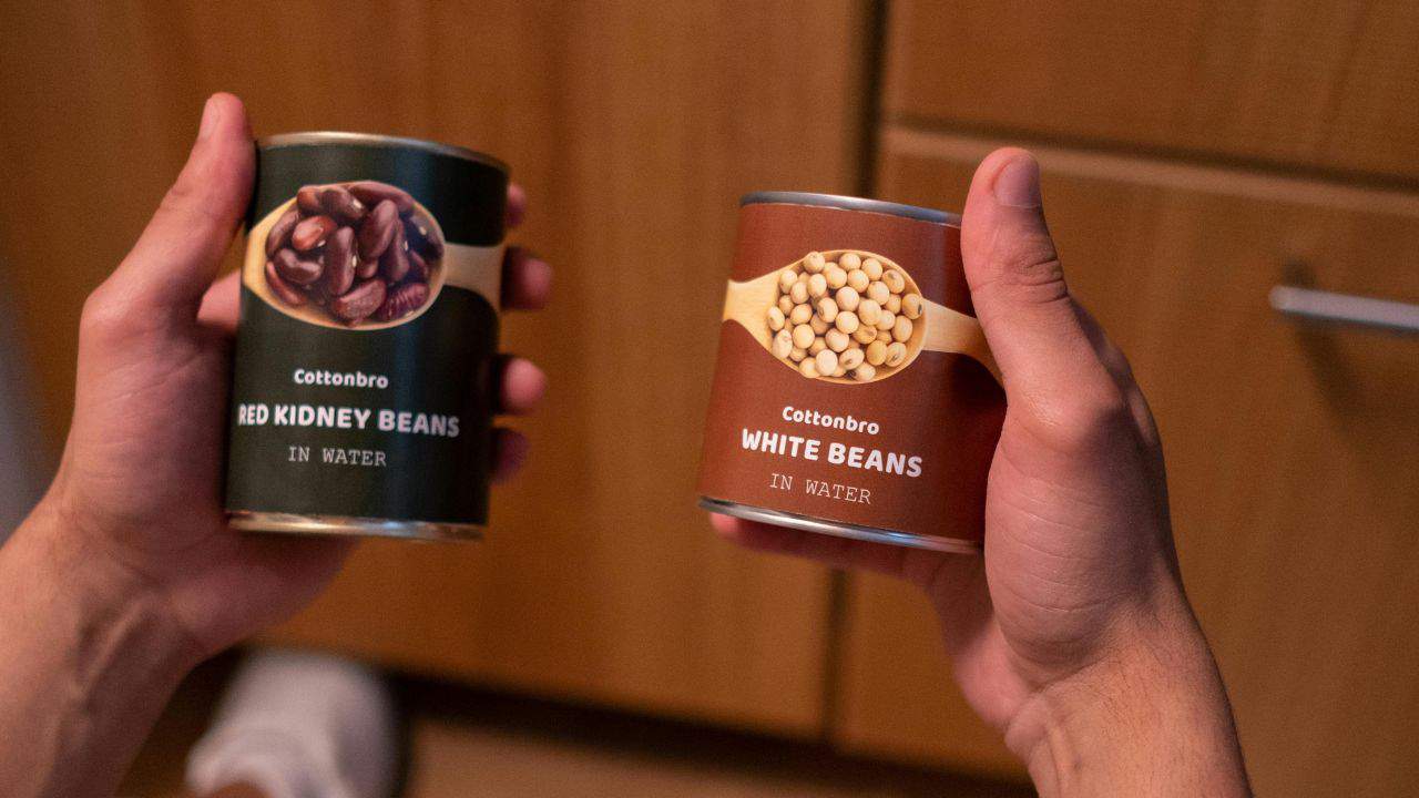 Two hands holding canned beans; one can of red kidney beans and one can of white beans, both labeled "in water.
