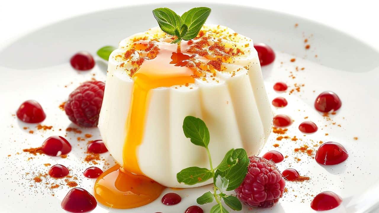 A white panna cotta dessert topped with a green leaf garnish, drizzled with orange sauce, and surrounded by raspberries and red sauce on a white plate.