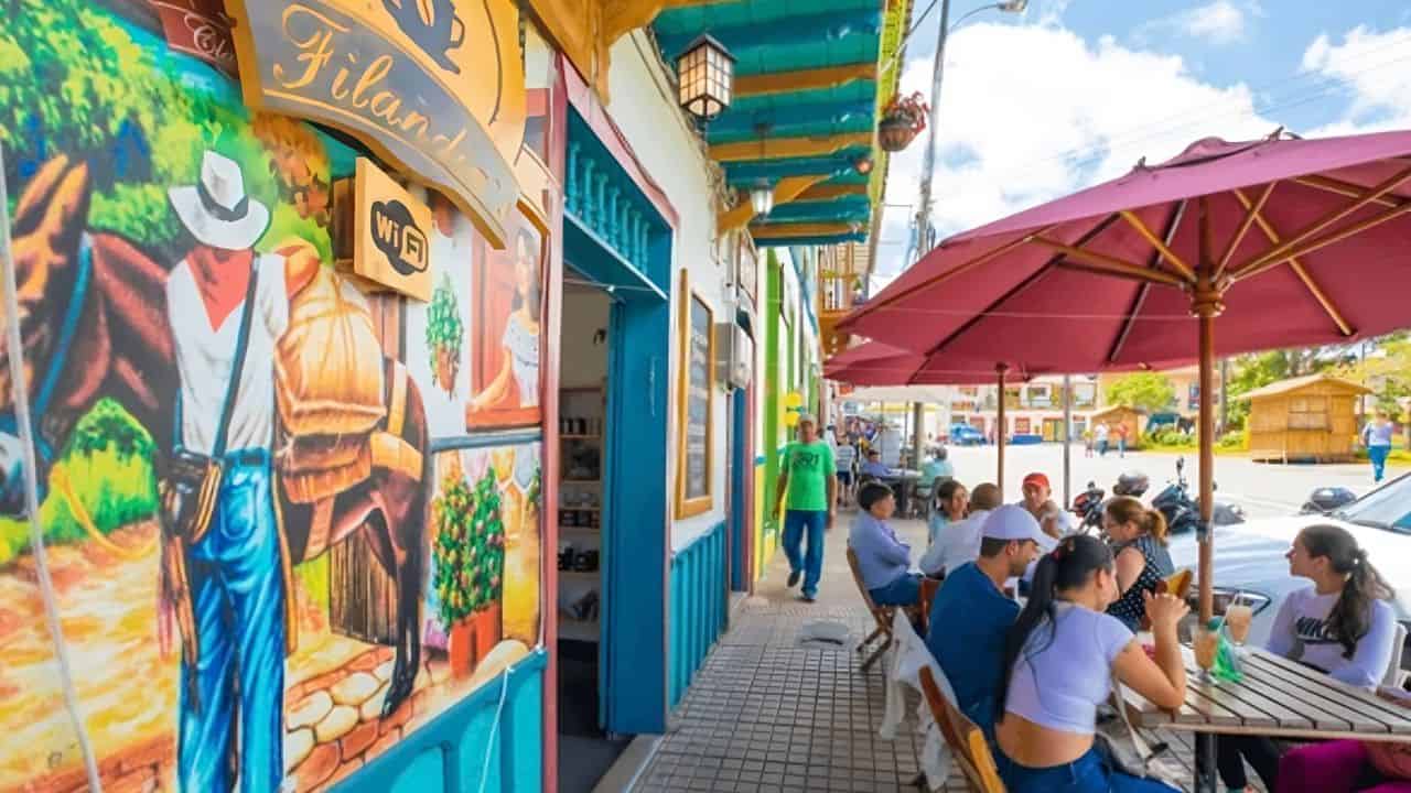 People sit at an outdoor café under red umbrellas beside a colorful mural.