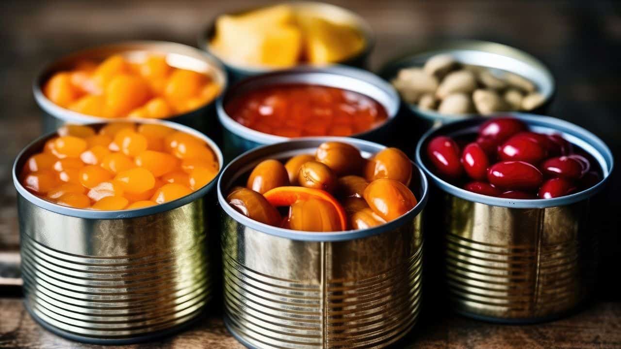An assortment of canned foods including peaches, mangoes, red beans, peanuts, and tomatoes are open on a wooden surface.