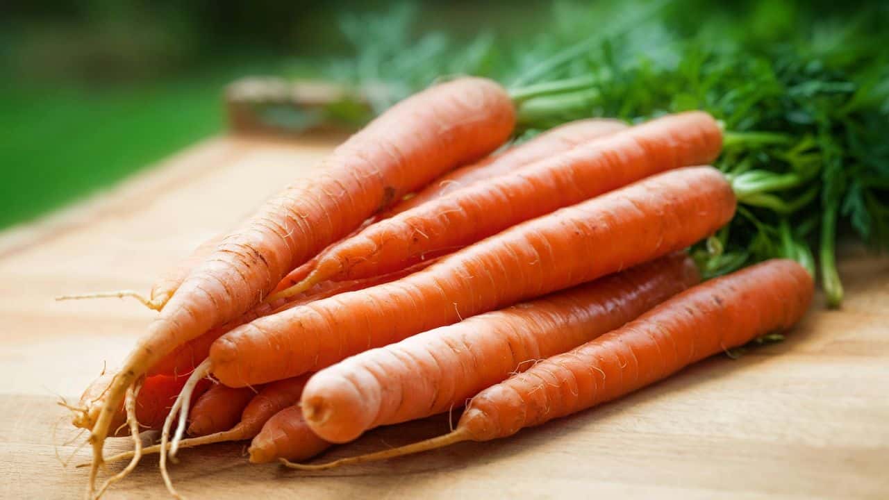 A bunch of fresh carrots with green tops on a wooden surface.