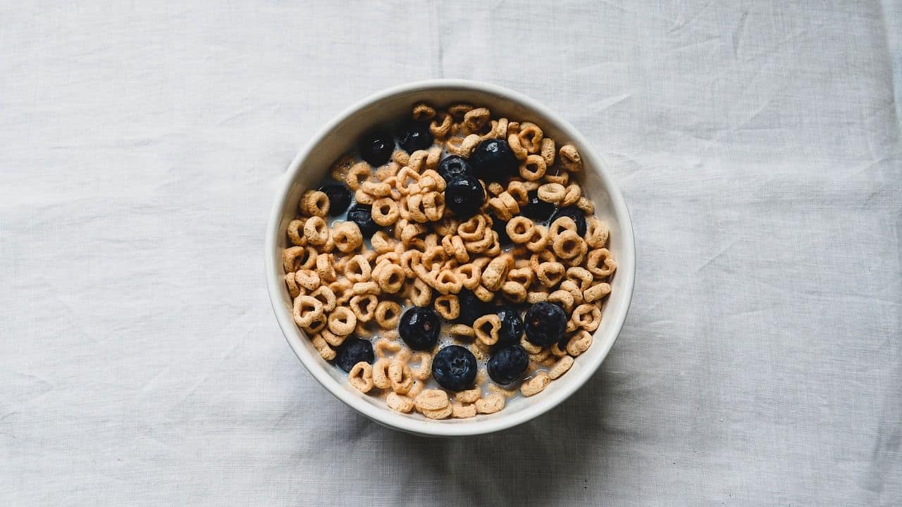 A bowl of cereal rings with milk and blueberries on a light cloth background.
