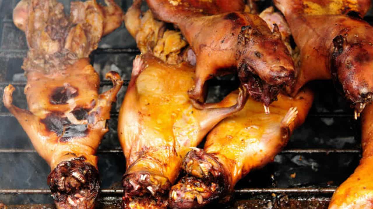 Roasted guinea pigs cooking on a grill, displayed whole with crispy brown skin.