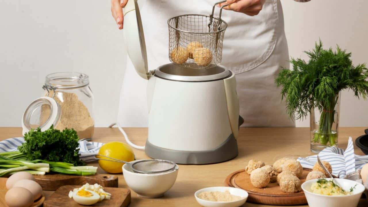 Person in a white apron uses a fryer basket to cook breaded balls on a counter with eggs, herbs, lemon, and various ingredients.