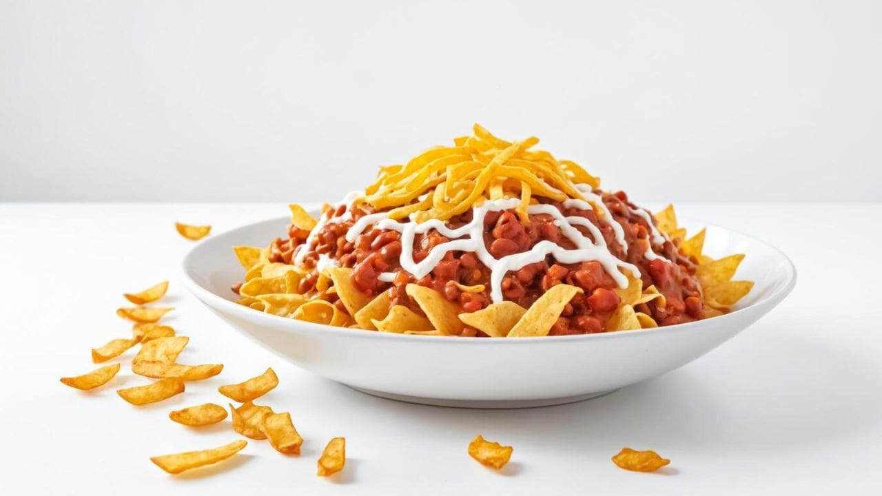A plate of nachos topped with chili, sour cream, and shredded cheese, with some chips scattered around the white plate.