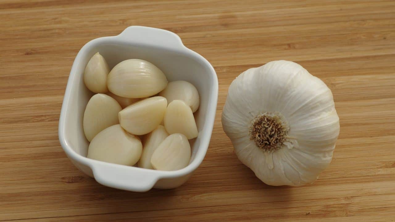 A small white dish with peeled garlic cloves next to a whole bulb of garlic on a wooden surface.
