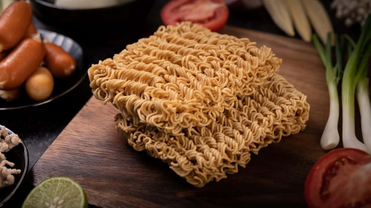 Two blocks of uncooked instant ramen noodles on a wooden board, surrounded by vegetables and sausages.