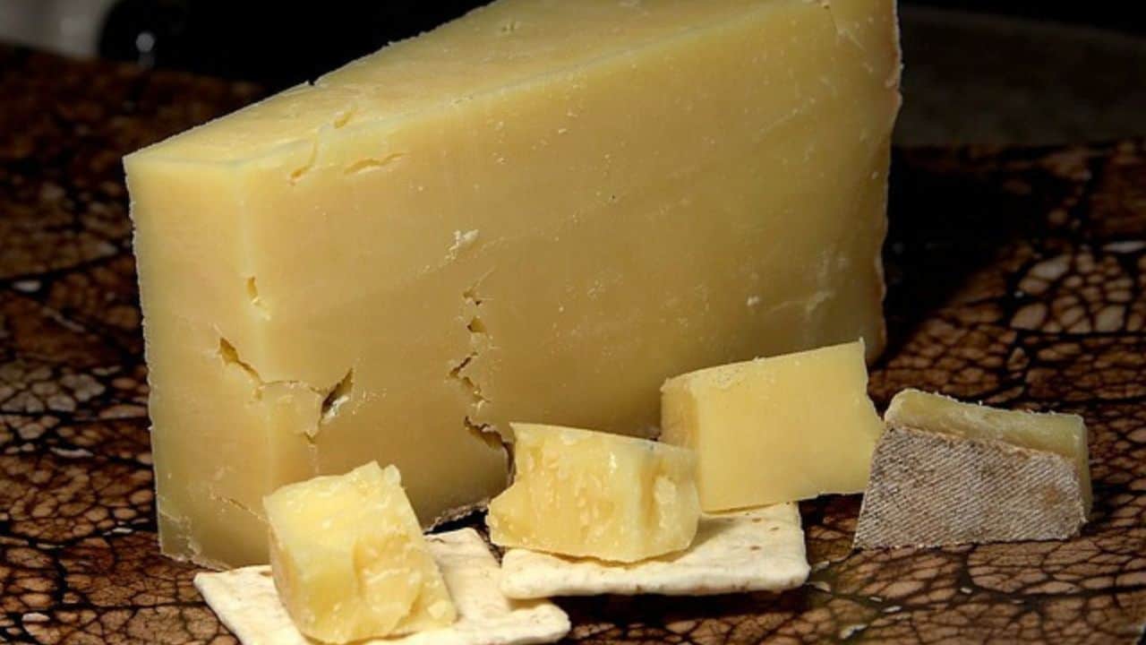 A large block of cheese with several smaller pieces on a decorative surface, accompanied by two crackers.