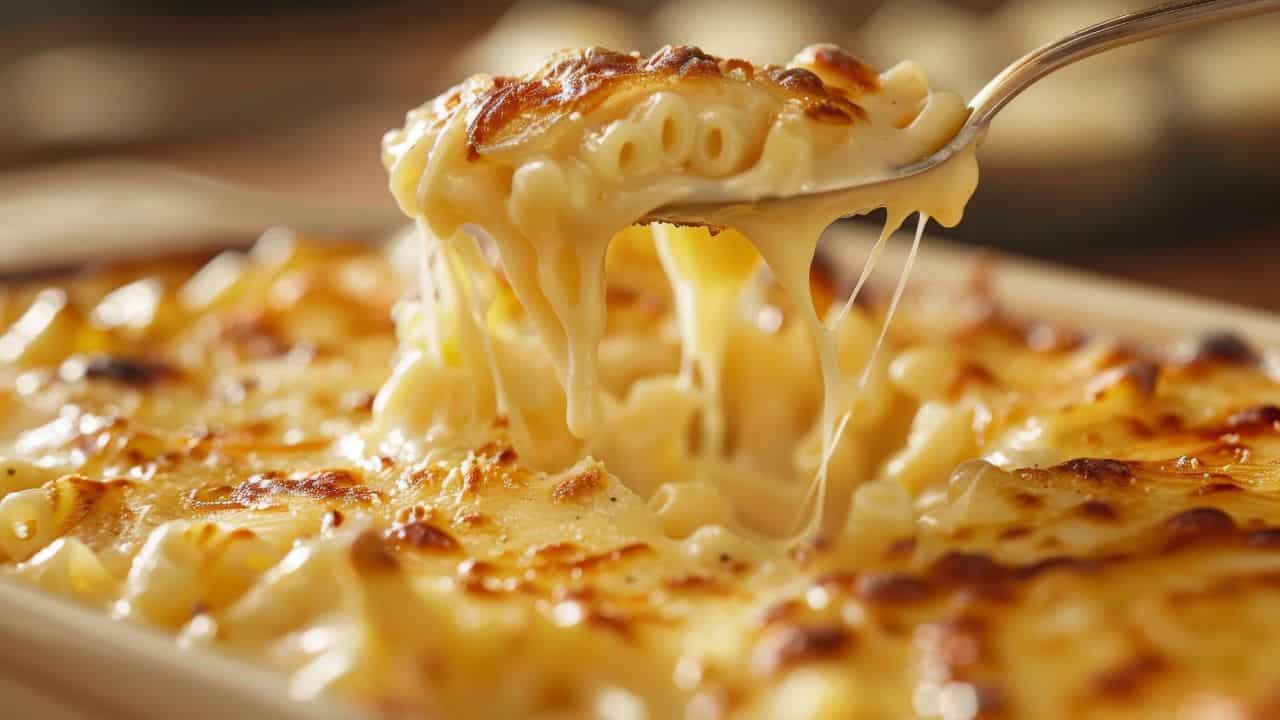 A spoon lifts a portion of cheesy, golden-brown baked macaroni and cheese from a casserole dish.