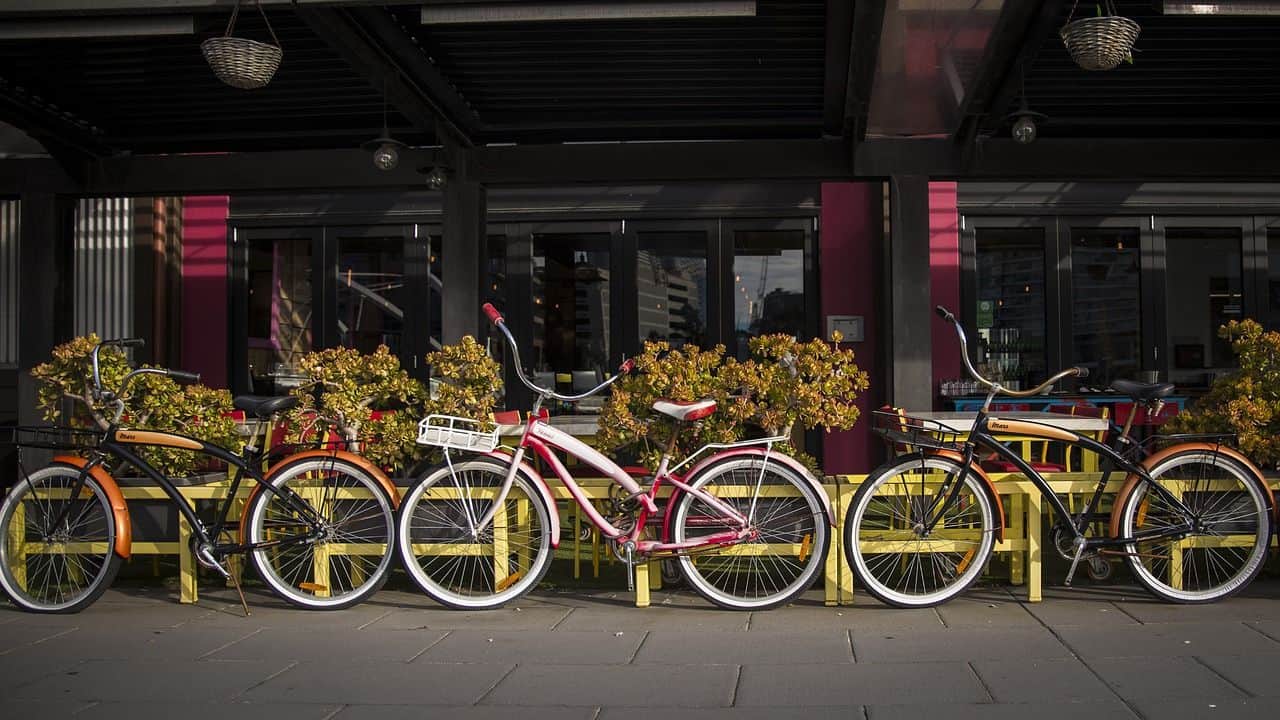 A row of bicycles is parked in front of a building with plants behind them.