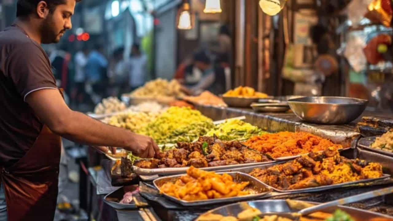 A vendor arranges various dishes on trays at a bustling street food market, with colorful ingredients and warm lighting.