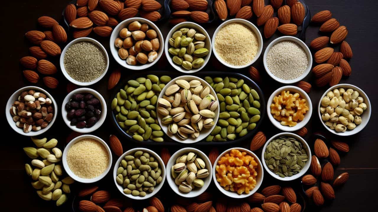 Assorted nuts and seeds in small bowls are arranged in a circular pattern on a dark surface, surrounded by almonds.
