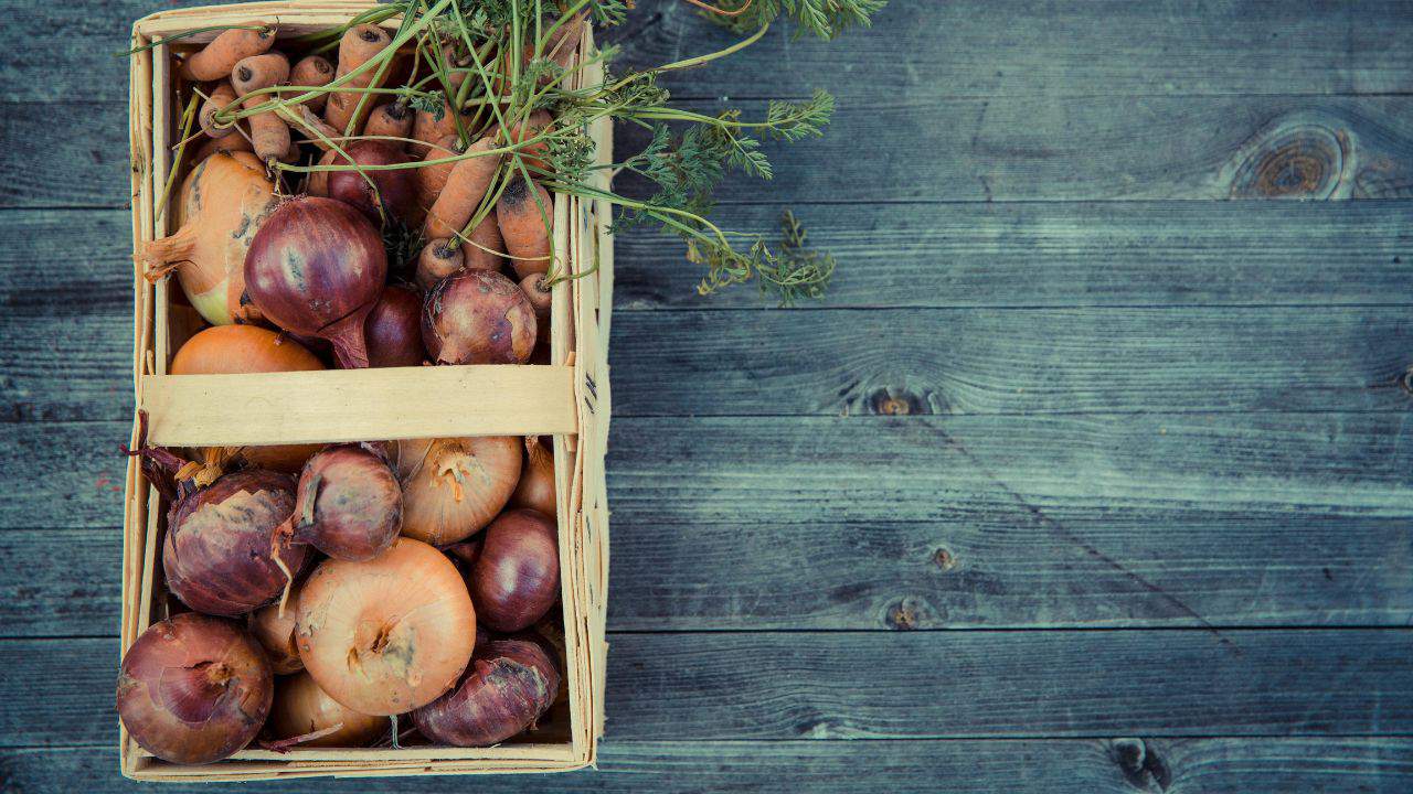 A basket of mixed onions and carrots sits on a rustic wooden surface.