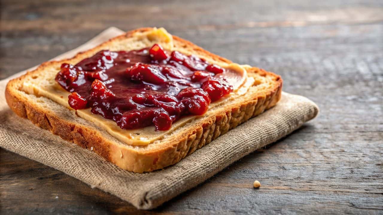 A slice of bread with butter and chunky strawberry jam on a beige cloth, placed on a wooden table background.