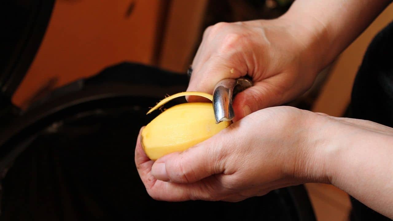 A person peeling a yellow potato with a metal peeler.