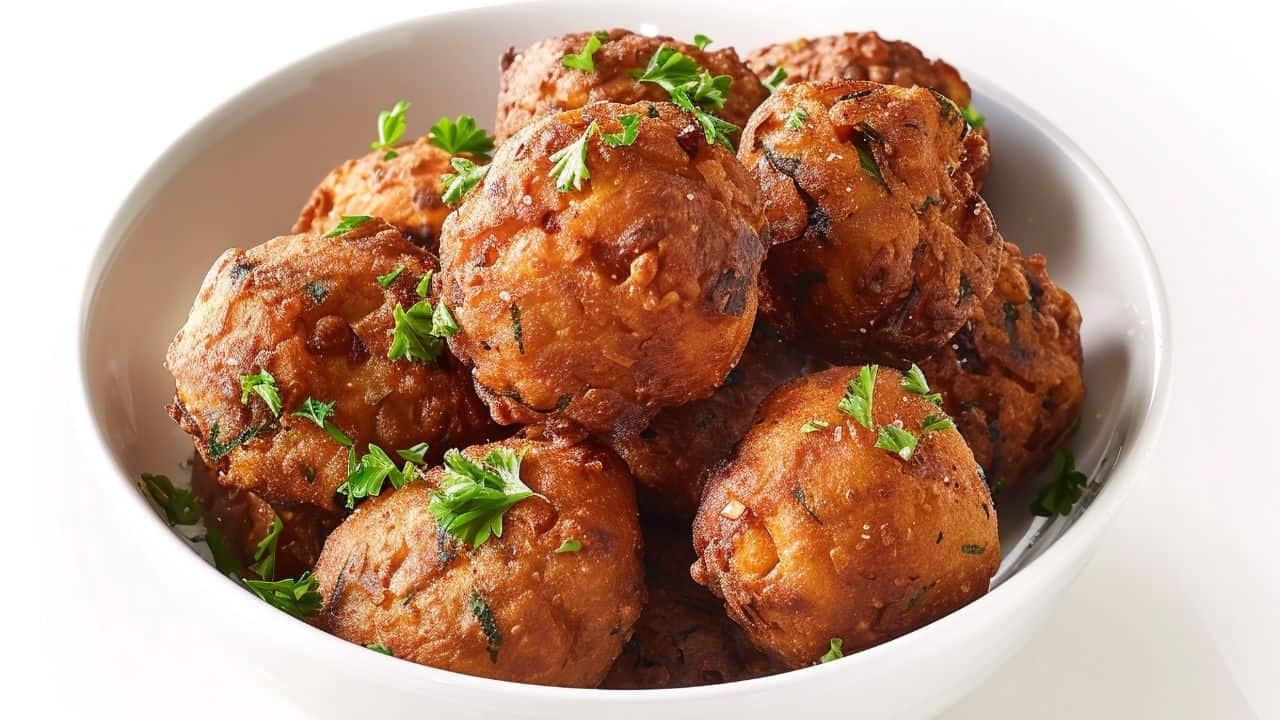 A white bowl filled with golden-brown fritters, garnished with chopped parsley.