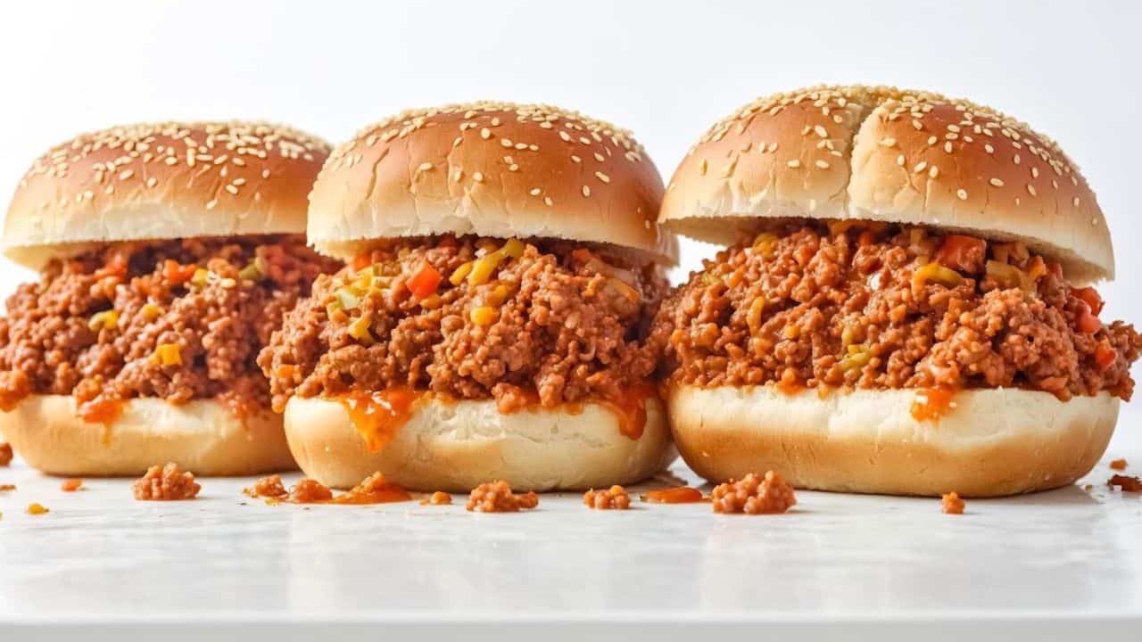 Three sloppy joe sandwiches with sesame seed buns filled with seasoned ground meat sit on a white surface.