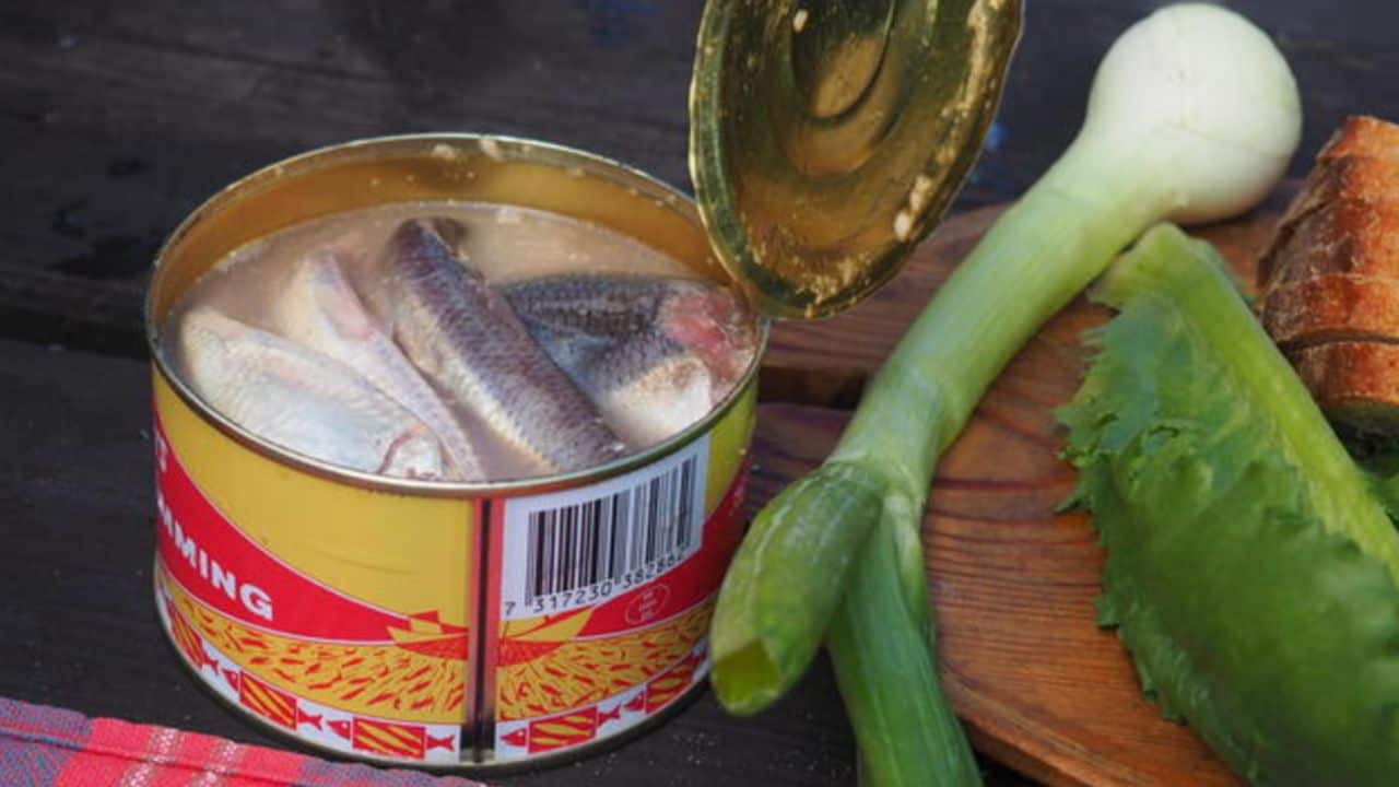 An open can of fish in brine next to a green onion, bread, and lettuce on a wooden surface.