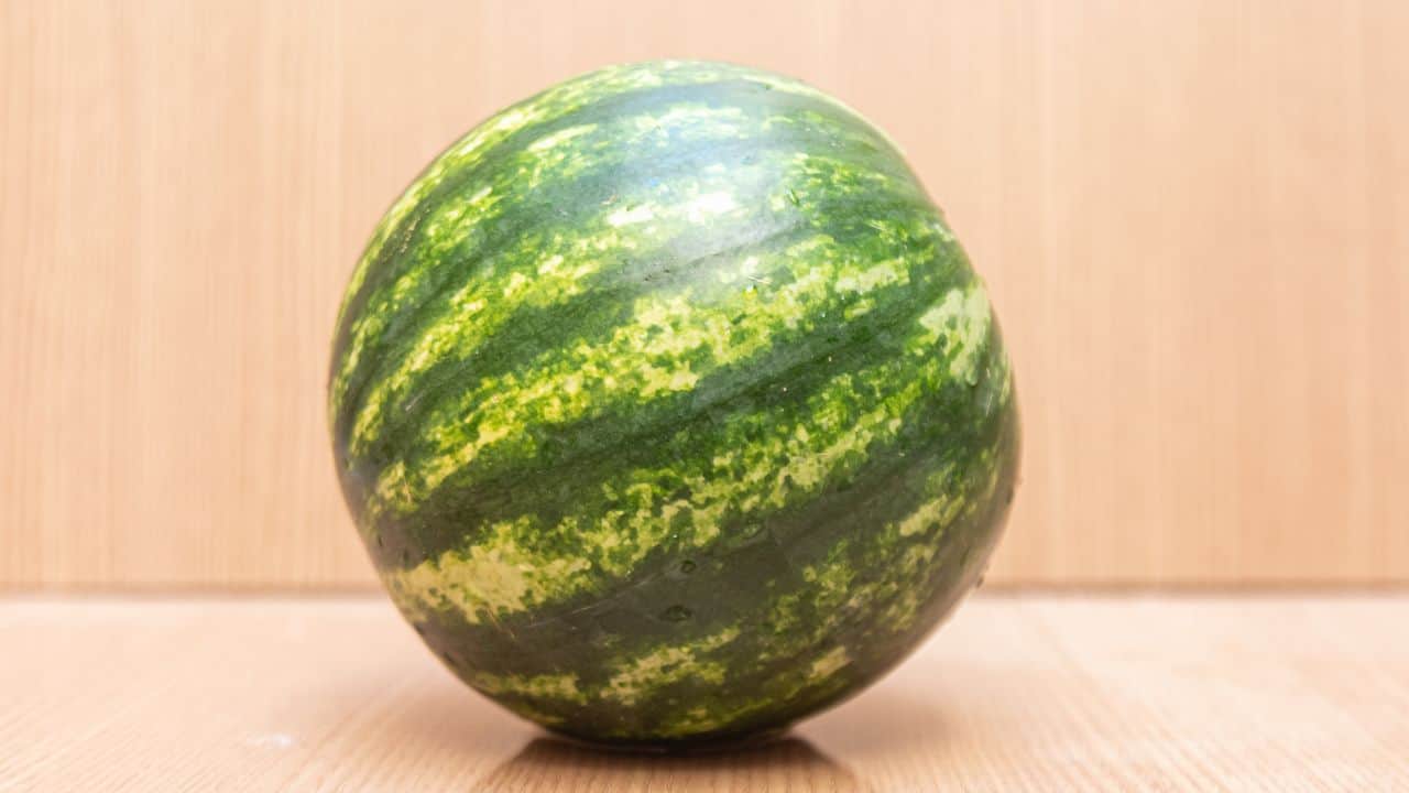 A whole watermelon with a green and light green striped rind sits on a wooden surface against a plain background.