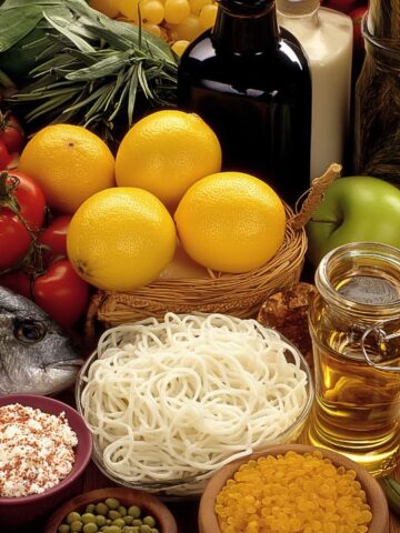 A variety of fresh foods, including fish, salmon, fruits, vegetables, pasta, and oils, are arranged on a table.