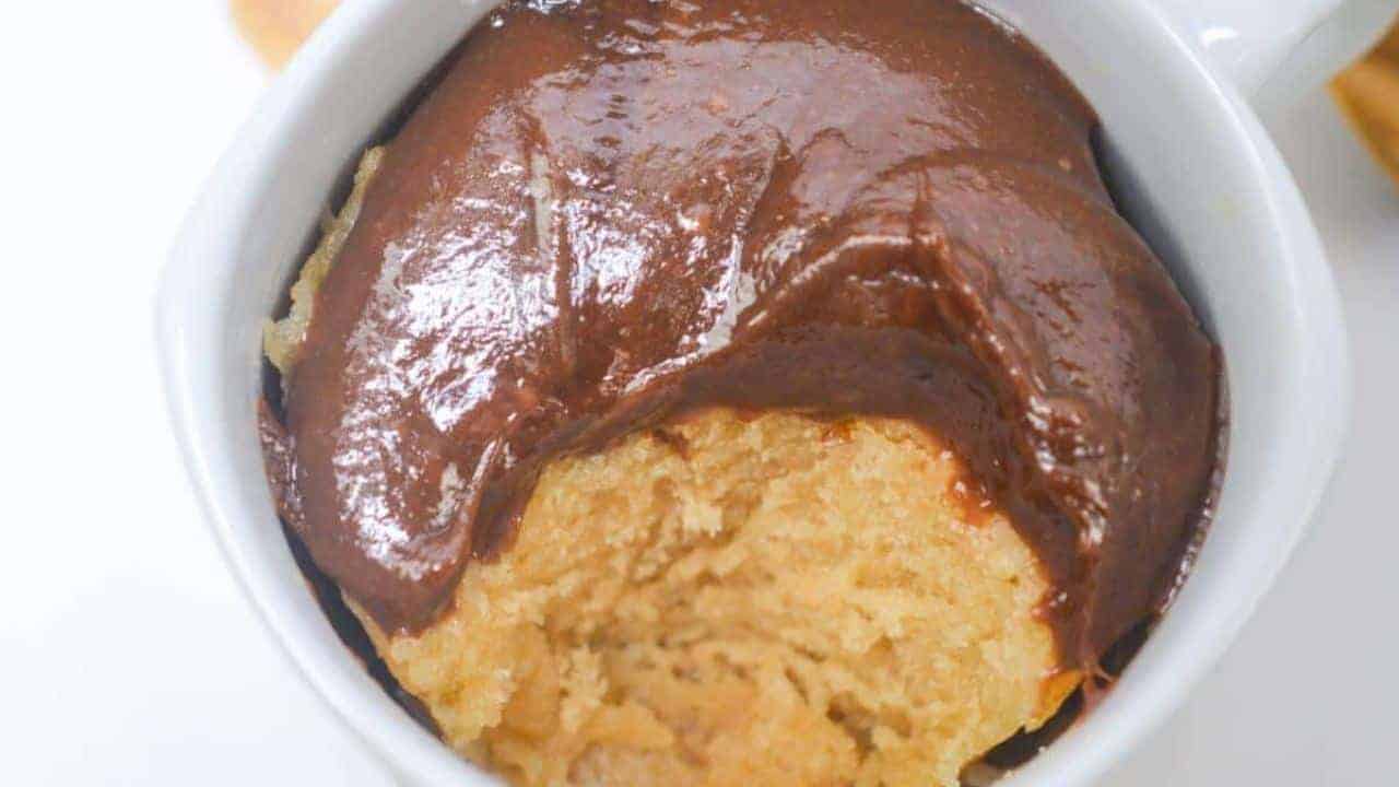 Peanut butter mug cake with chocolate fudge frosting.
