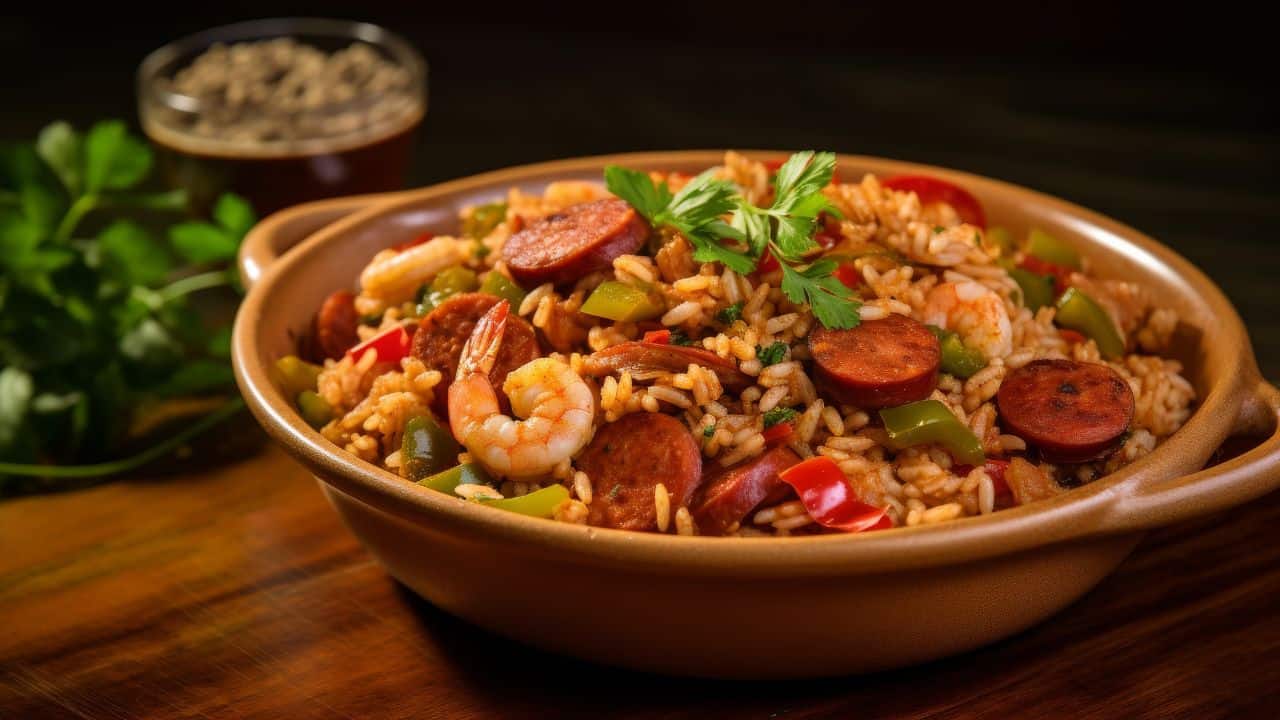 A bowl of jambalaya with rice, shrimp, sausage, and vegetables garnished with parsley, placed on a wooden surface.