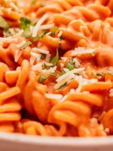 Plate of rotini pasta with creamy red sauce, topped with grated cheese and herbs.
