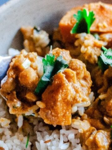 A bowl of white rice topped with a curry containing chickpeas, sweet potatoes, and garnished with cilantro. A hand holds a spoonful of the curry.