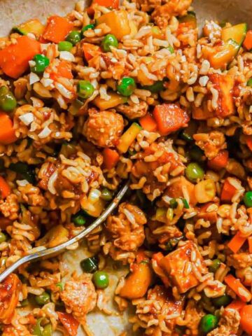 A bowl of fried rice with diced vegetables and small pieces of tofu, served with a spoon.