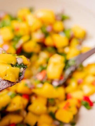 A hand holds a chip with mango salsa, featuring diced mango, red onion, and cilantro. A bowl of mango salsa and a spoon are in the background.