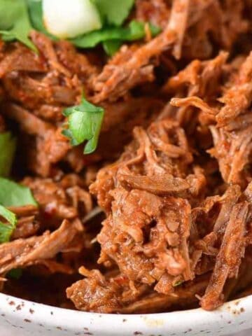 Shredded beef topped with fresh cilantro in a white dish, with a fork on the side.