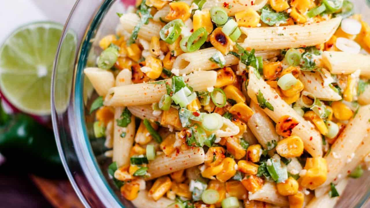 A bowl of Mexican Street Corn Pasta Salad.