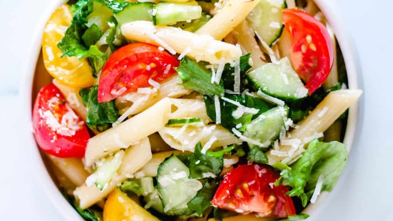 Overhead image of a pasta salad without mayo.