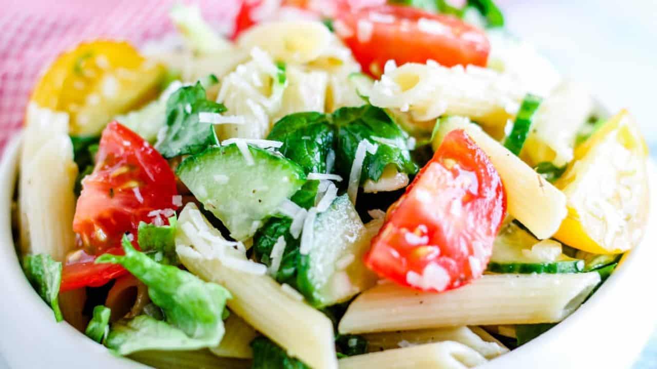 Overhead image of a pasta salad without mayo.