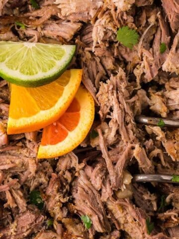 A bowl of shredded pork topped with lime and orange slices, garnished with cilantro, with two forks resting inside.