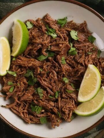 A bowl of shredded beef garnished with lime wedges and cilantro, placed on a green cloth with a fork, spoon, and extra lime slices nearby.