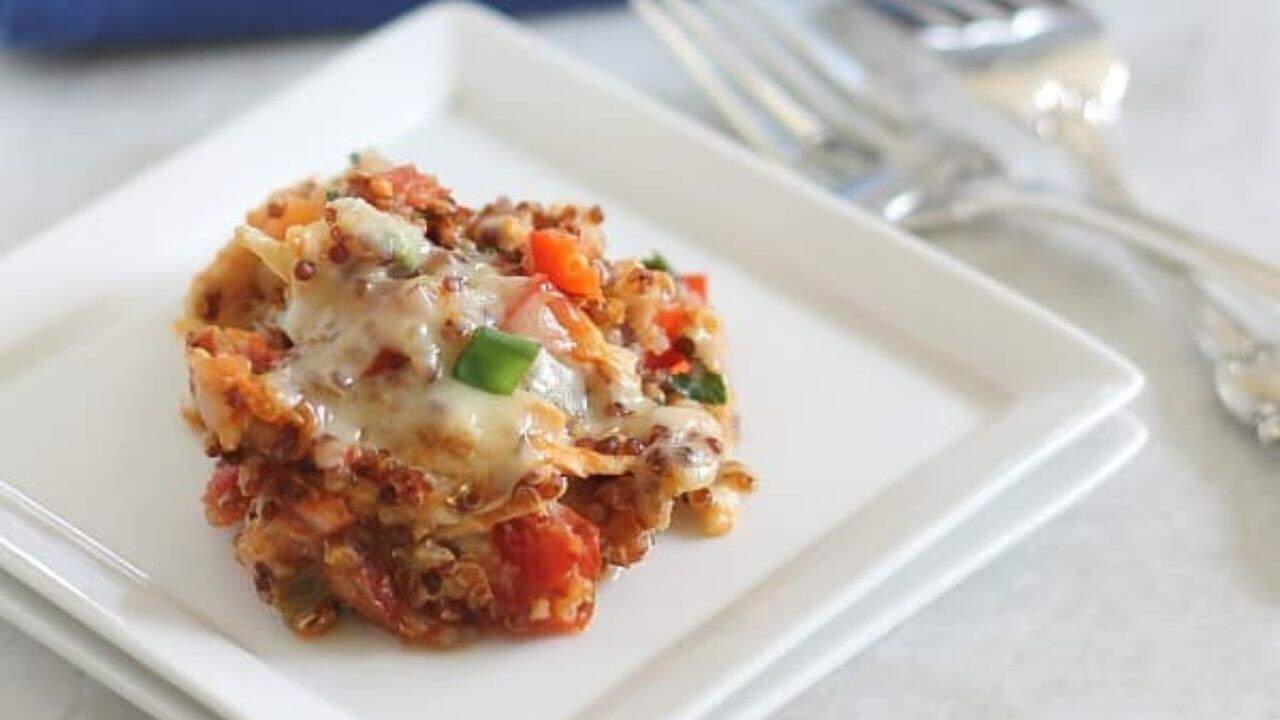 Chicken cheddar quinoa casserole in a pyrex dish.