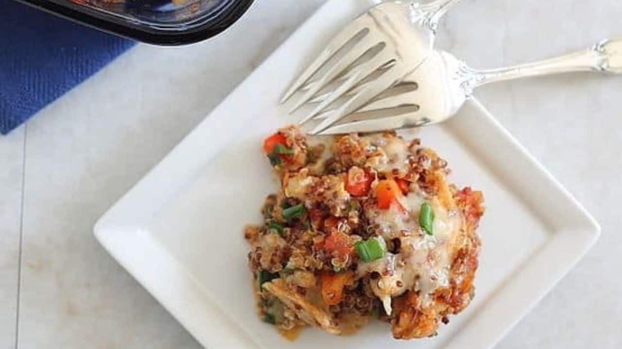 Chicken cheddar quinoa casserole in a pyrex dish.