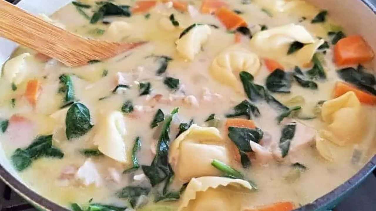 Image shows Chicken tortellini soup in a ceramic enameled pot with a wooden spoon stirring it.